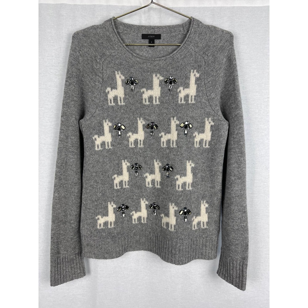 J. Crew Gray Jeweled Llama Novelty Print Wool Sweater